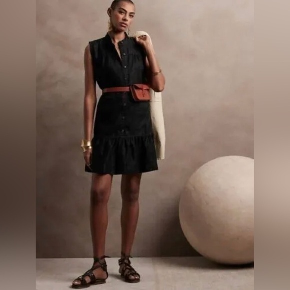 NWT! Banana Republic Black Linen Flounce Hem Mini Dress - Size Medium 🐯 - Picture 3 of 10